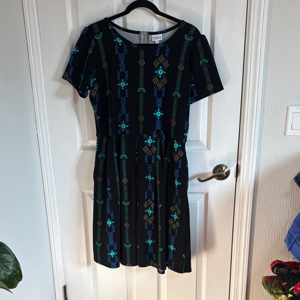 LuLaRoe Black Dress with Blue and Green Patterns
